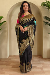 Gratifying Black Soft Banarasi Silk Saree With Refreshing Blouse Piece