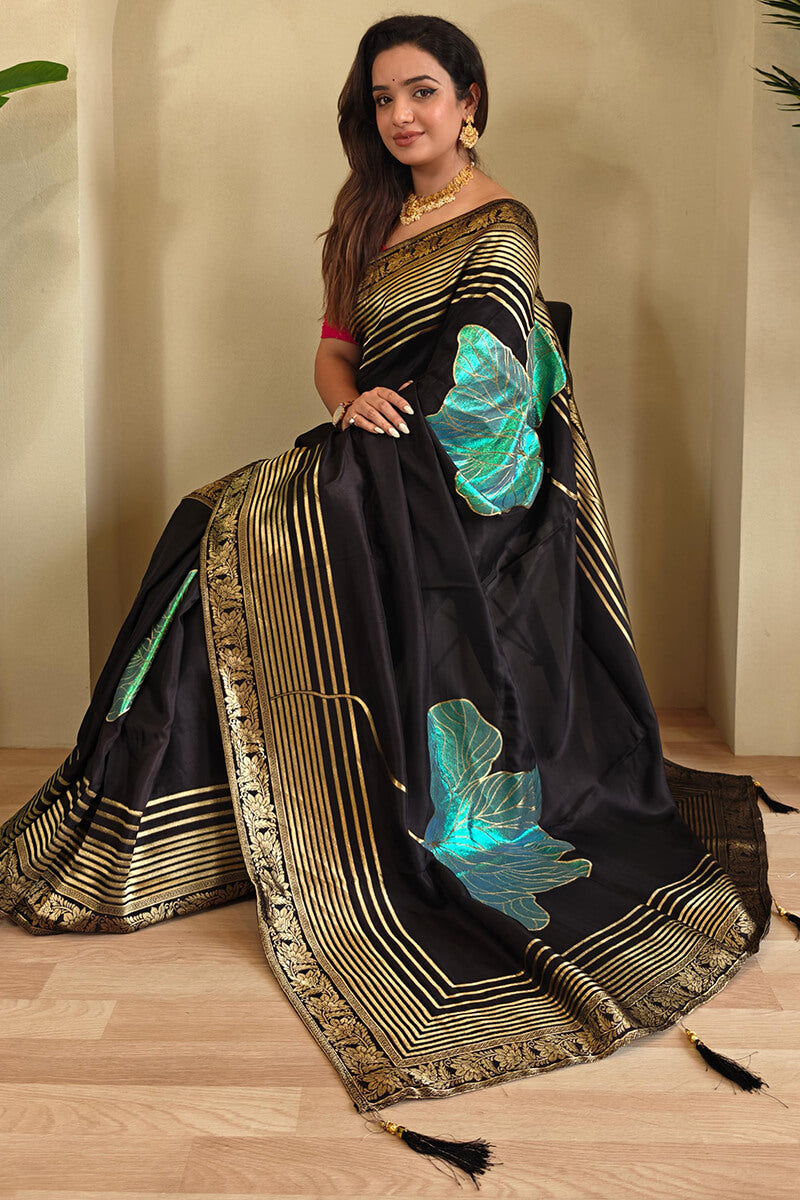 Gratifying Black Soft Banarasi Silk Saree With Refreshing Blouse Piece