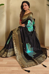 Gratifying Black Soft Banarasi Silk Saree With Refreshing Blouse Piece