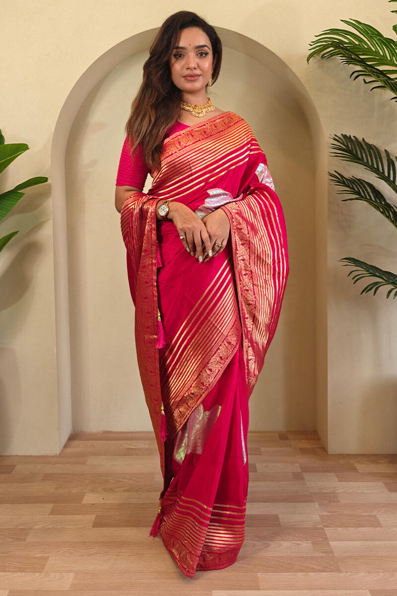 Gleaming Dark Pink Soft Banarasi Silk Saree With Phenomenal Blouse Piece