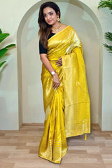 Captivating Mustard Soft Banarasi Silk Saree With Blissful Blouse Piece