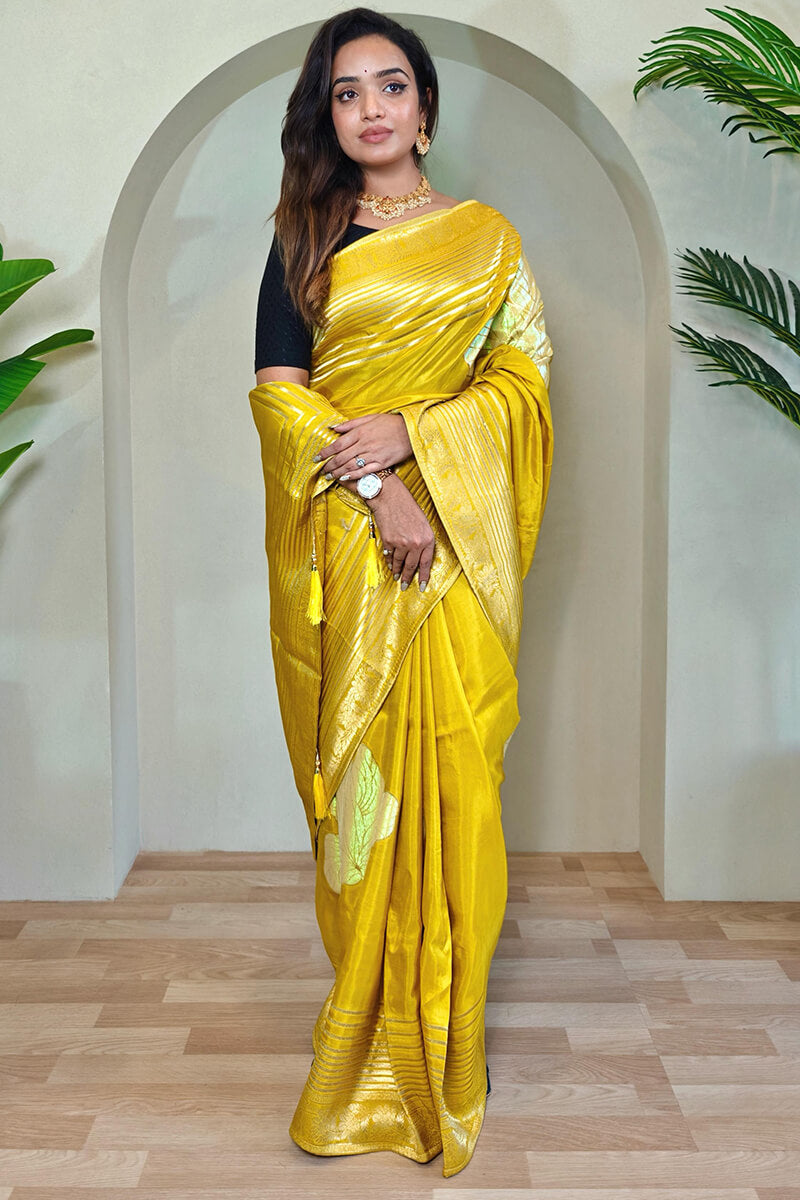 Captivating Mustard Soft Banarasi Silk Saree With Blissful Blouse Piece