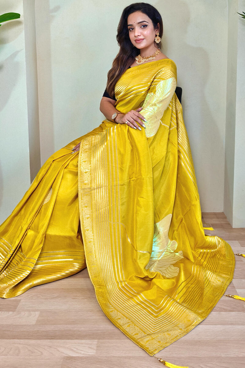 Captivating Mustard Soft Banarasi Silk Saree With Blissful Blouse Piece