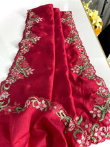 Staring Dark Pink Embroidery Work Tussar Silk Saree With Glowing Blouse Piece