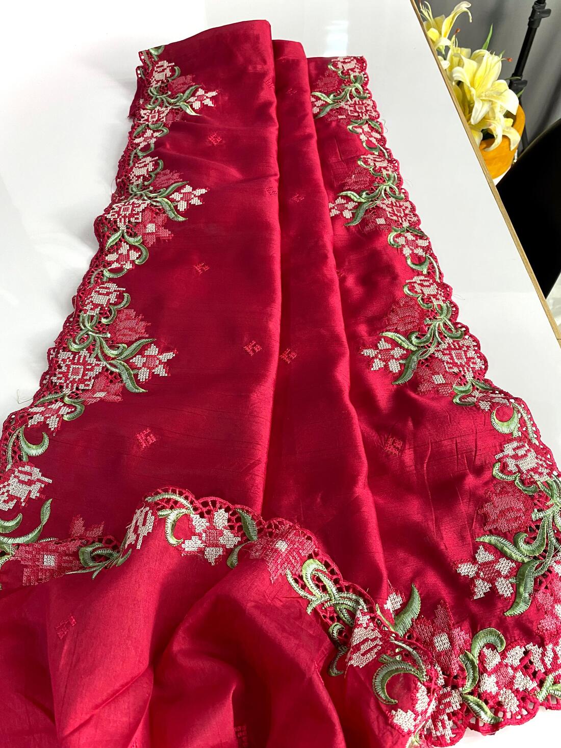 Staring Dark Pink Embroidery Work Tussar Silk Saree With Glowing Blouse Piece