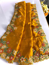 Blissful Mustard Embroidery Work Tussar Silk Saree With Preferable Blouse Piece
