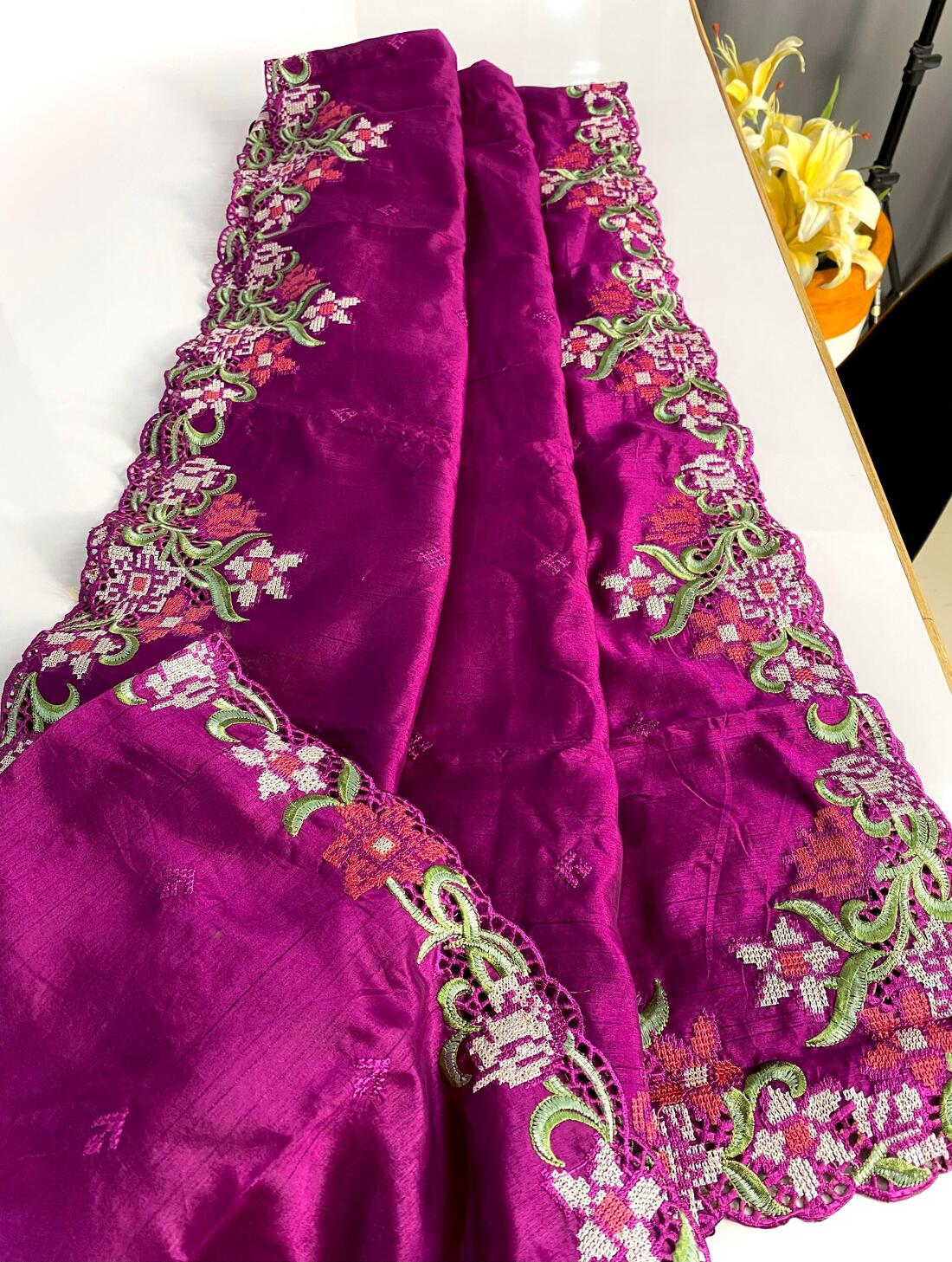 Ideal Purple Embroidery Work Tussar Silk Saree With Comely Blouse Piece