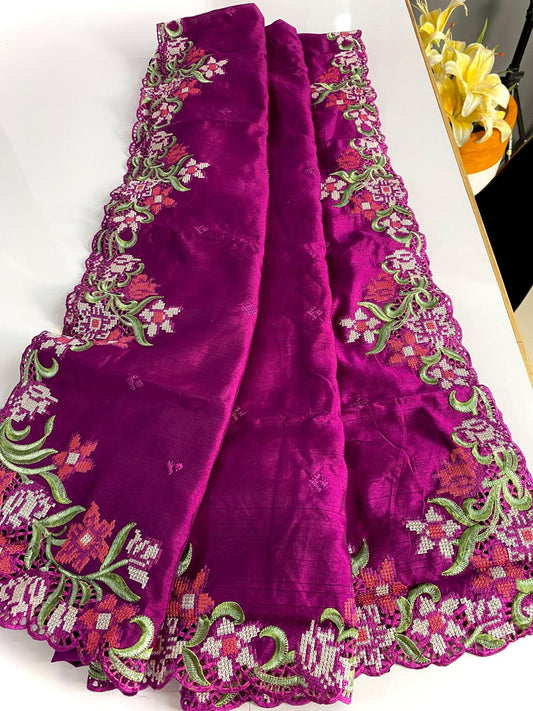Ideal Purple Embroidery Work Tussar Silk Saree With Comely Blouse Piece