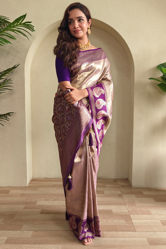 Groovy Light Brown Kanjivaram Silk Saree With Radiant Blouse Piece