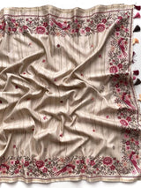 Angelic Beige Embroidery Work Tussar Silk Saree With Traditional Blouse Piece