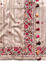 Angelic Beige Embroidery Work Tussar Silk Saree With Traditional Blouse Piece