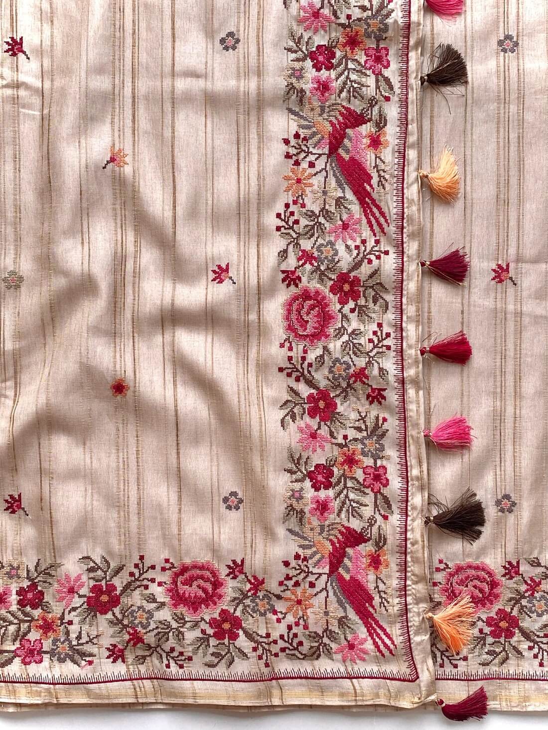 Angelic Beige Embroidery Work Tussar Silk Saree With Traditional Blouse Piece