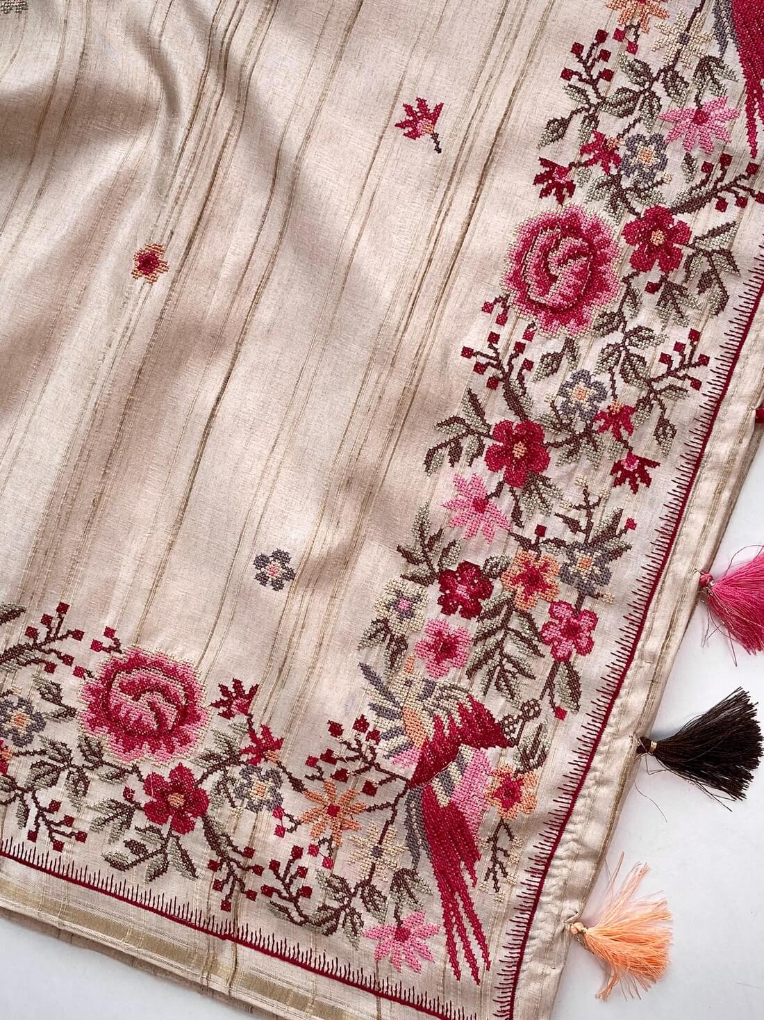 Angelic Beige Embroidery Work Tussar Silk Saree With Traditional Blouse Piece