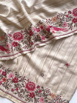 Angelic Beige Embroidery Work Tussar Silk Saree With Traditional Blouse Piece