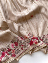Angelic Beige Embroidery Work Tussar Silk Saree With Traditional Blouse Piece