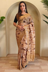 Skinny Beige Embroidery Work Organza Silk Saree With Invaluable Blouse Piece
