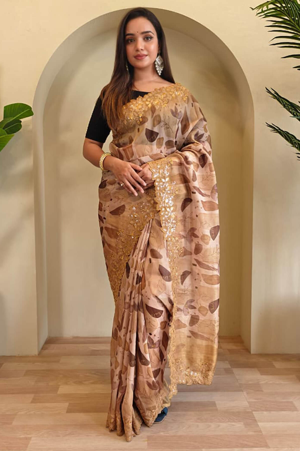 Skinny Beige Embroidery Work Organza Silk Saree With Invaluable Blouse Piece