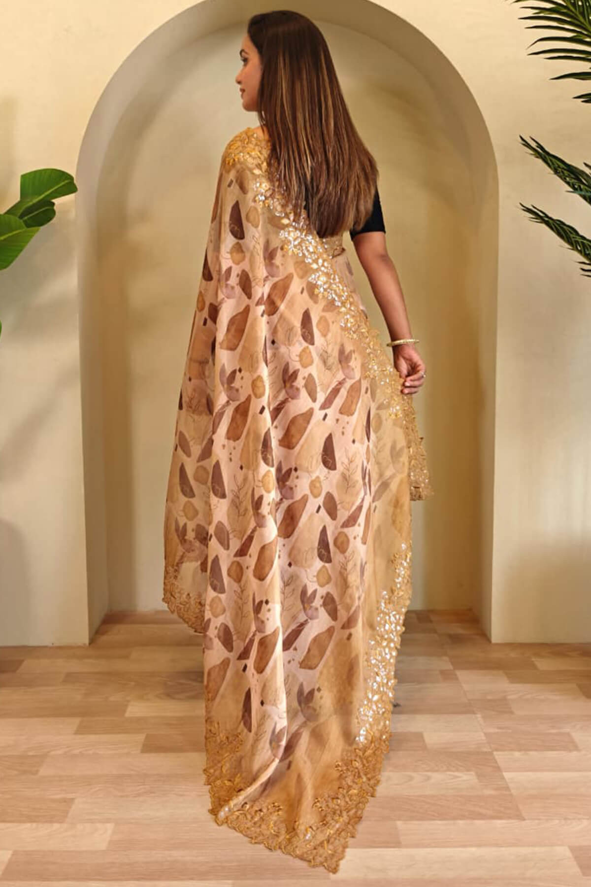 Skinny Beige Embroidery Work Organza Silk Saree With Invaluable Blouse Piece