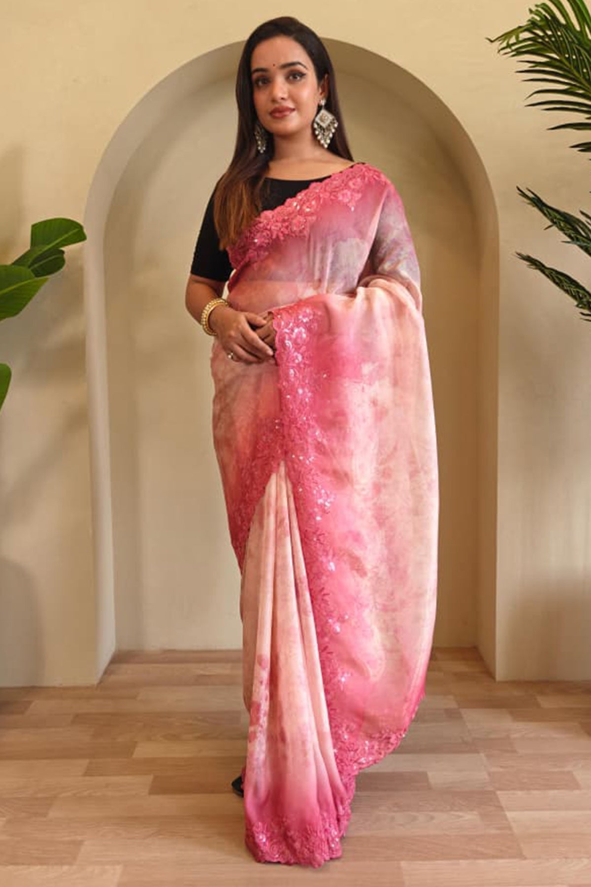 Lissome Pink Embroidery Work Organza Silk Saree With Sensational Blouse Piece