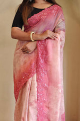 Lissome Pink Embroidery Work Organza Silk Saree With Sensational Blouse Piece