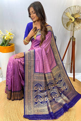 Excellent Lavender Soft Banarasi Silk Saree With Desuetude Blouse Piece