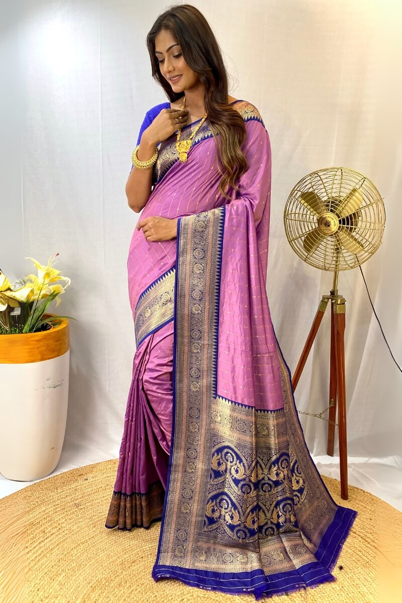 Excellent Levender Soft Banarasi Silk Saree With Desuetude Blouse Piece