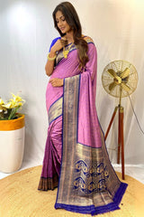 Excellent Lavender Soft Banarasi Silk Saree With Desuetude Blouse Piece