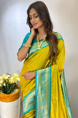 Entrancing Mehndi Soft Banarasi Silk Saree With Exquisite Blouse Piece