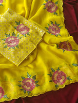 Prodigal Yellow Embroidery Work Organza Silk Saree With Eloquence Blouse Piece