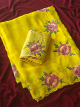 Prodigal Yellow Embroidery Work Organza Silk Saree With Eloquence Blouse Piece