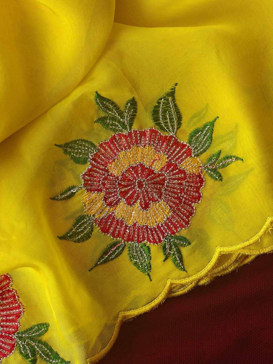 Prodigal Yellow Embroidery Work Organza Silk Saree With Eloquence Blouse Piece