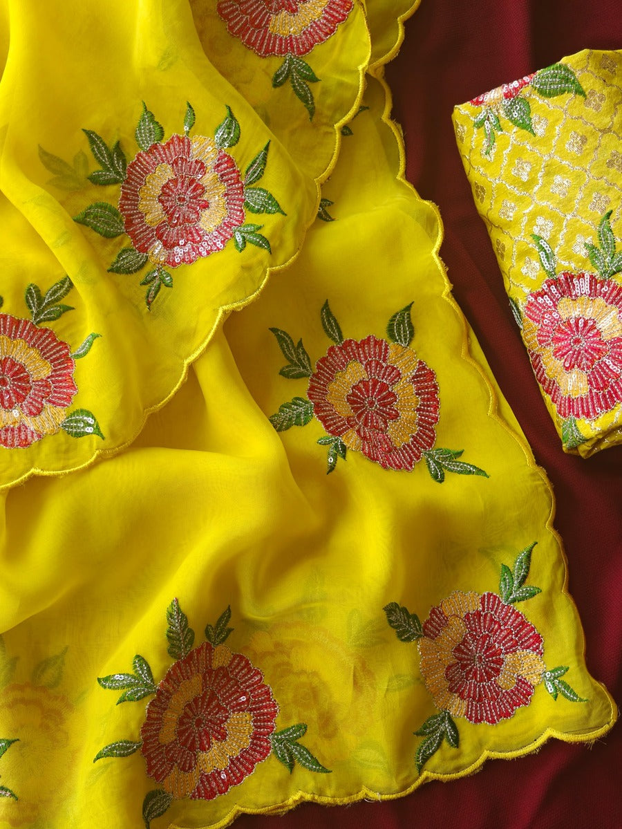 Prodigal Yellow Embroidery Work Organza Silk Saree With Eloquence Blouse Piece