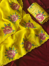 Prodigal Yellow Embroidery Work Organza Silk Saree With Eloquence Blouse Piece