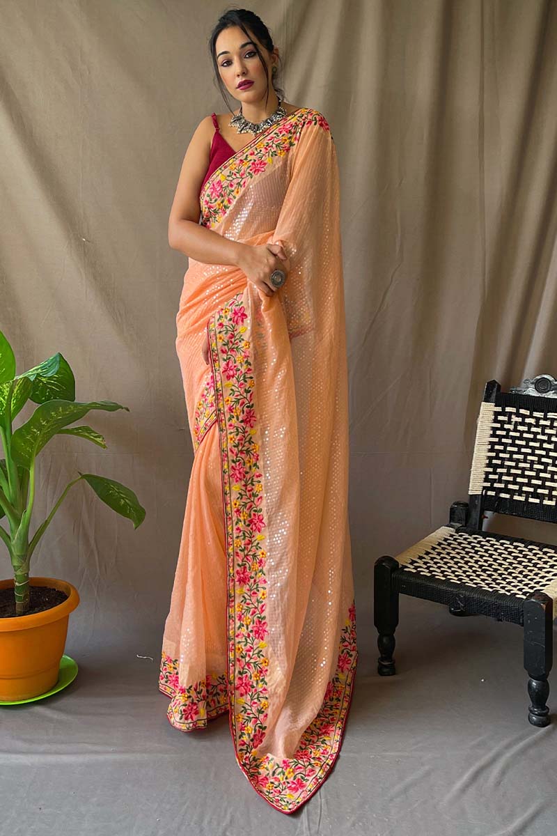 Quintessential Peach Sequence Work Georgette Saree With Forbearance Blouse Piece