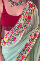 Murmurous Pista Sequence Work Georgette Saree With Dalliance Blouse Piece