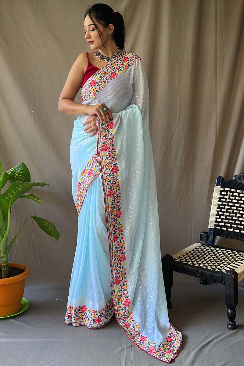 Traditional Sky Sequence Work Georgette Saree With Desirable Blouse Piece | Designer Saree | _alt_Tasrika-Sequence-1, Cool Collection, Designer Saree | MarMera