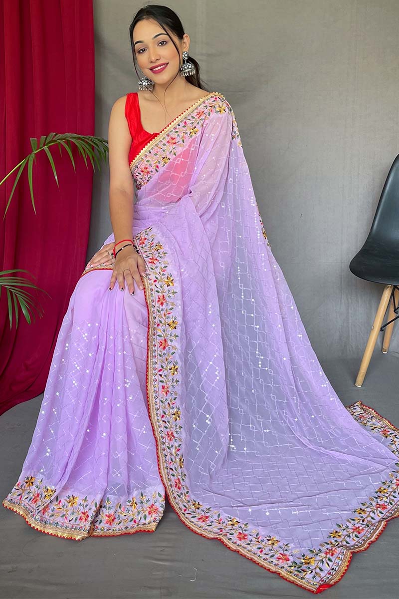 Breathtaking Lavender Sequence Work Georgette Saree With Ailurophile Blouse Piece