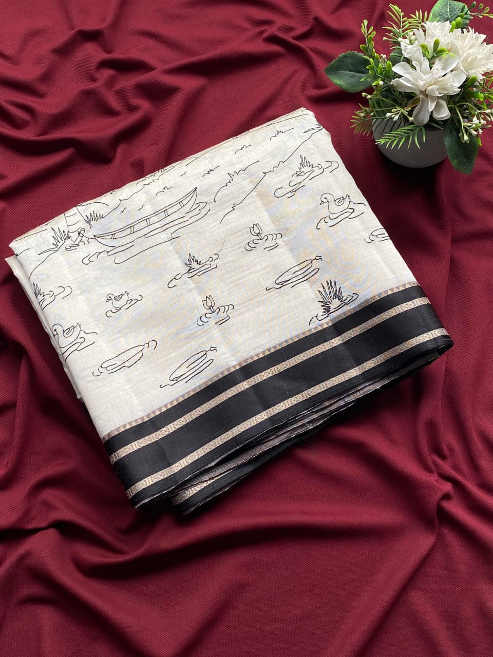 Preferable Off White Printed Cotton Silk Saree With Traditional Blouse Piece