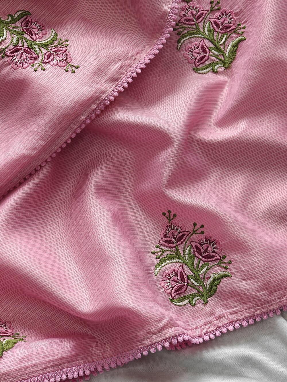 Magnetic Pink Embroidery Work Kota Doriya Silk Saree With Classy Blouse Piece