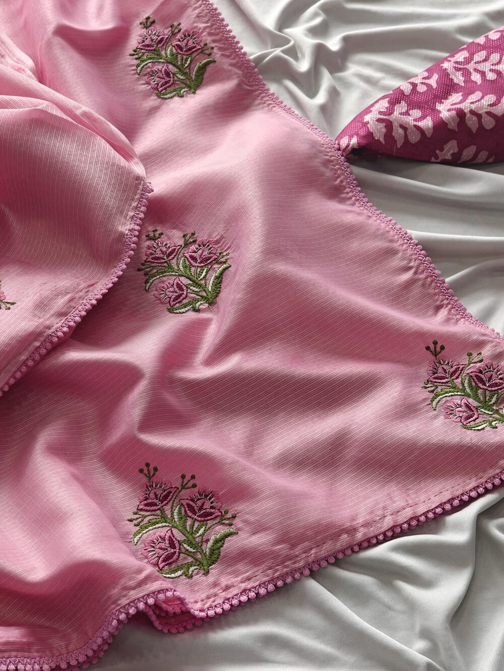 Magnetic Pink Embroidery Work Kota Doriya Silk Saree With Classy Blouse Piece