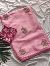 Magnetic Pink Embroidery Work Kota Doriya Silk Saree With Classy Blouse Piece