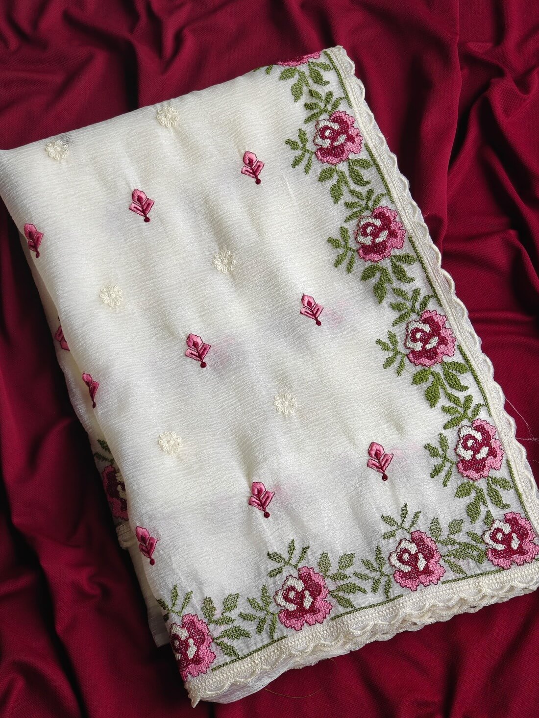 Whimsical Off White Embroidery Work Crush Chiffon Silk Saree With Blissful Blouse Piece