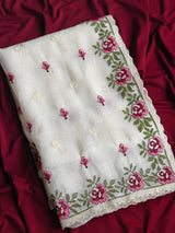 Whimsical Off White Embroidery Work Crush Chiffon Silk Saree With Blissful Blouse Piece