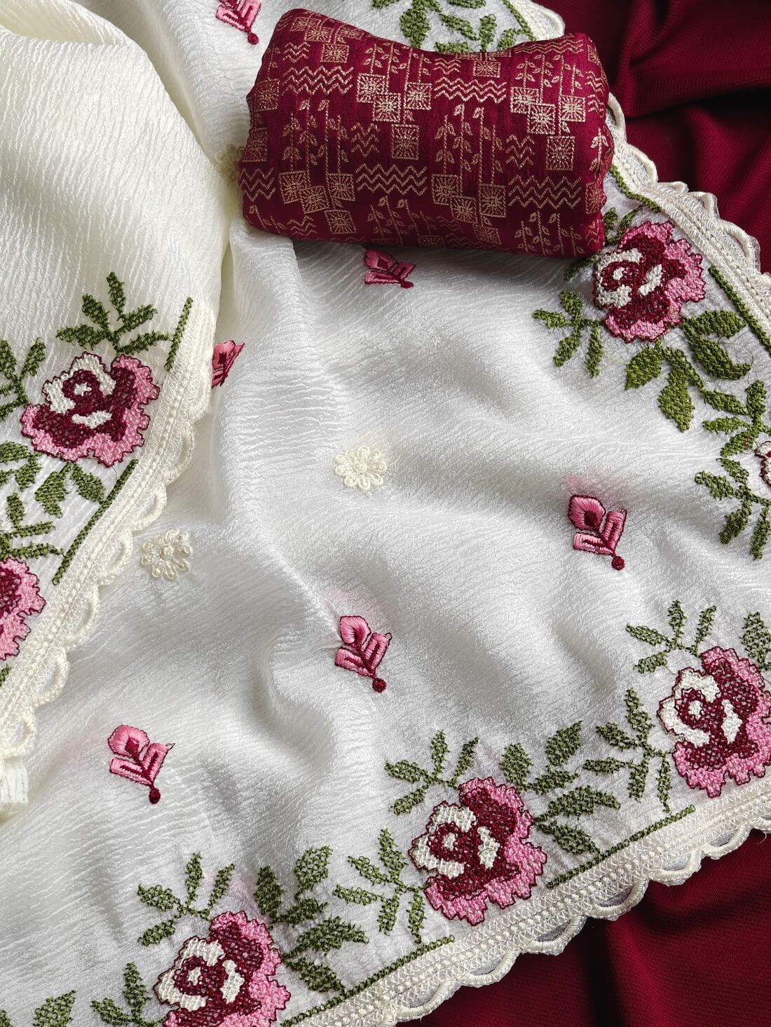 Whimsical Off White Embroidery Work Crush Chiffon Silk Saree With Blissful Blouse Piece