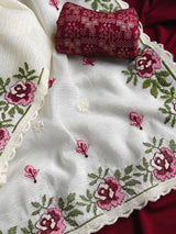Whimsical Off White Embroidery Work Crush Chiffon Silk Saree With Blissful Blouse Piece