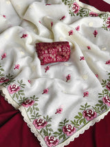 Whimsical Off White Embroidery Work Crush Chiffon Silk Saree With Blissful Blouse Piece