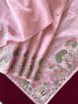 Unequalled Baby Pink Embroidery Work Tussar Silk Saree With Dalliance Blouse Piece