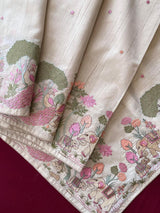 Woebegone Beige Embroidery Work Tussar Silk Saree With Unequalled Blouse Piece