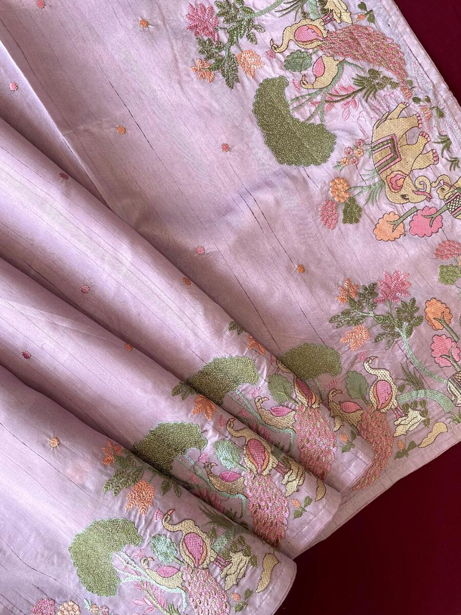 Enchanting Lavender Embroidery Work Tussar Silk Saree With Petrichor Blouse Piece