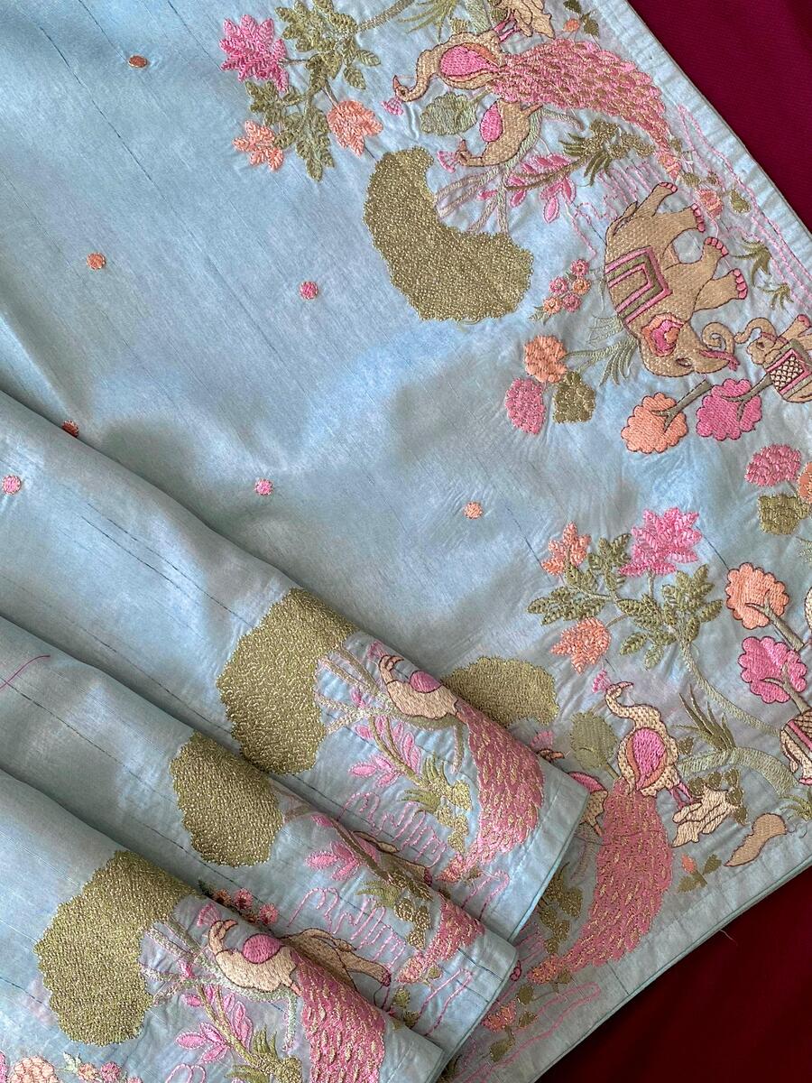 Blissful Sky Embroidery Work Tussar Silk Saree With Vibrant Blouse Piece